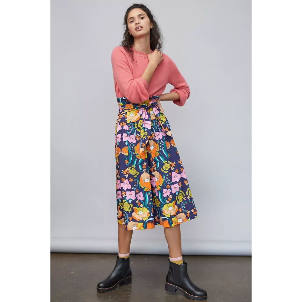 Anthropologie Navy Multicolor Floral A-Line Midi Skirt